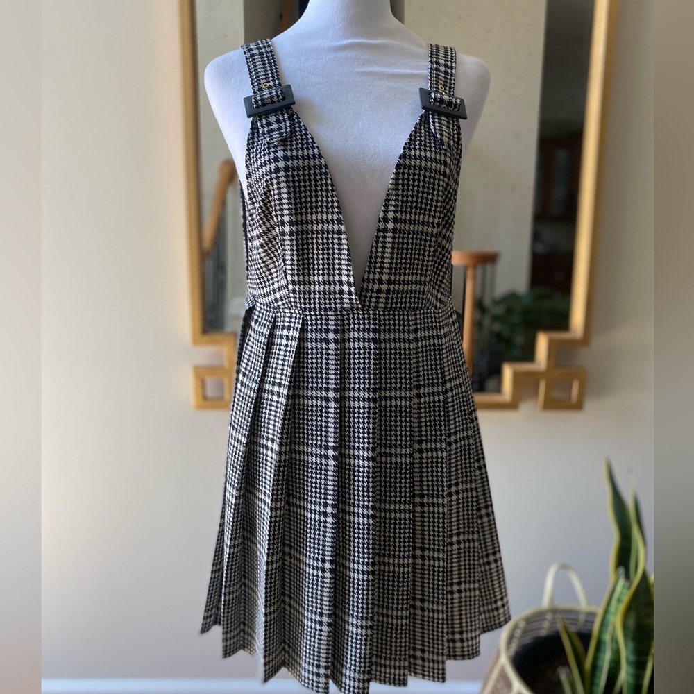Zara Houndstooth Preppy Pleated Tank Mini Dress In Black/White Size S